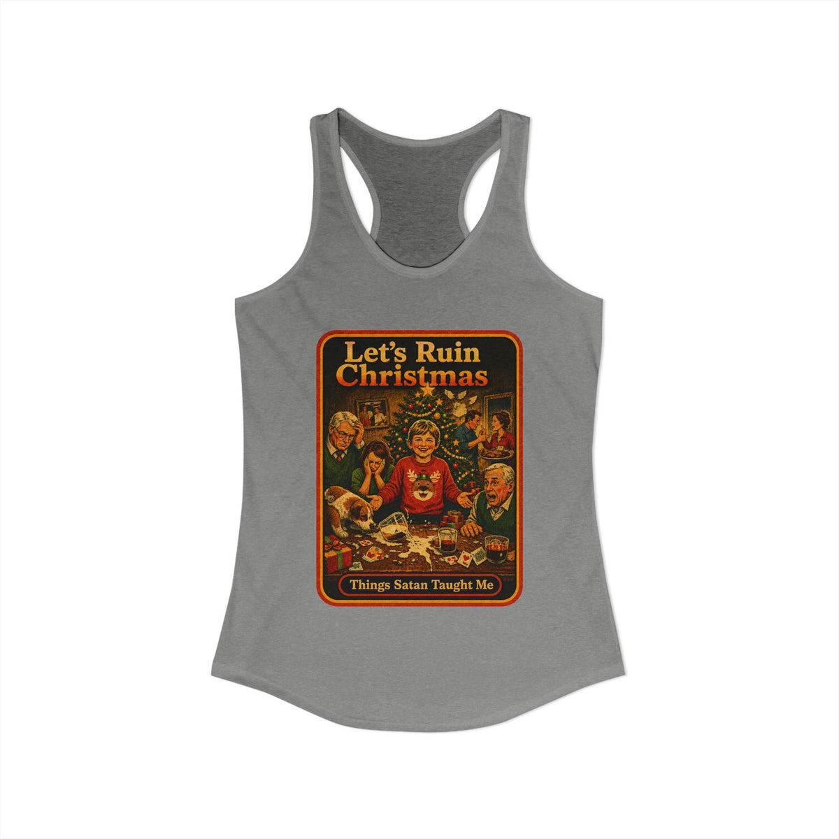 Let's Ruin Christmas Racerback Tank in Heather Grey, view 2