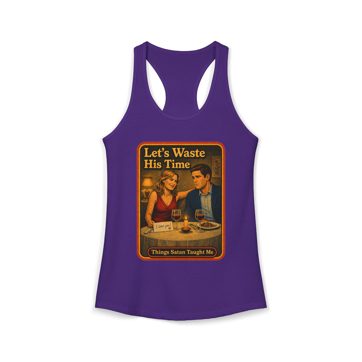 Let's Waste His Time Racerback Tank in Purple Rush, front