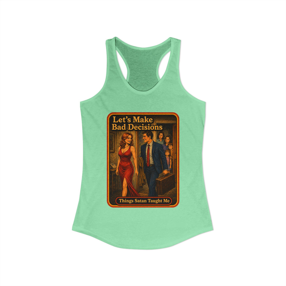 Let's Make Bad Decisions Racerback Tank in Mint, view 2