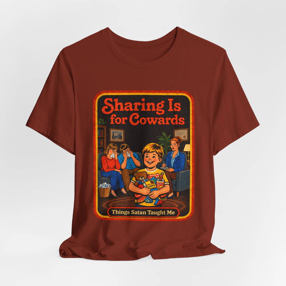 Sharing Is For Cowards Unisex Tee in Rust, view 4