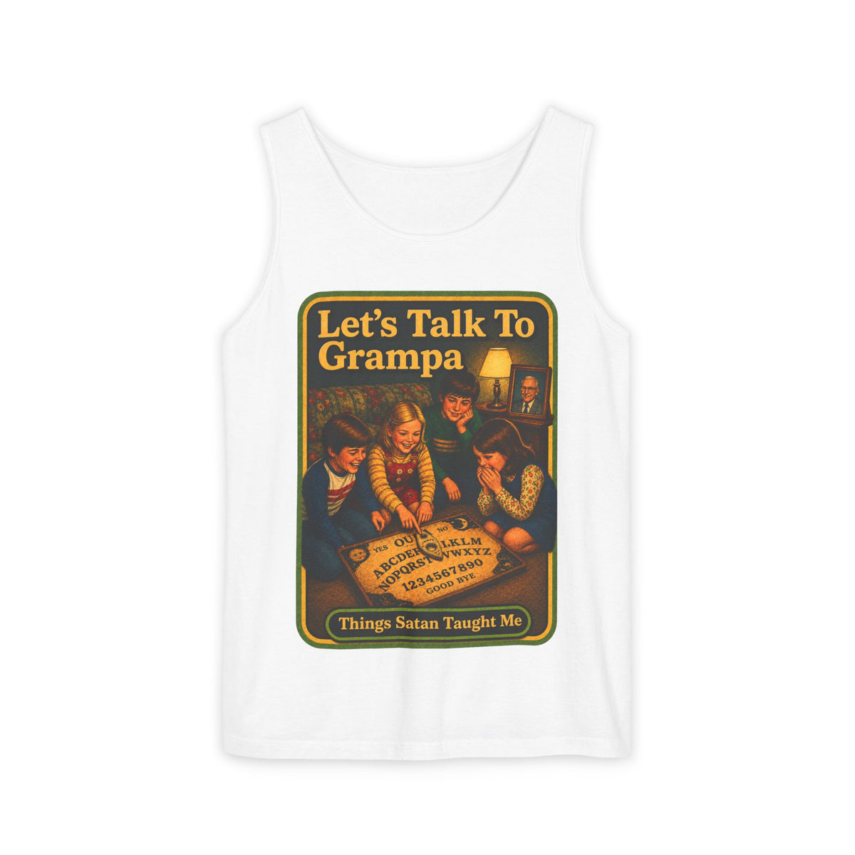 Let's Talk To Grampa Wife Beater in White, front