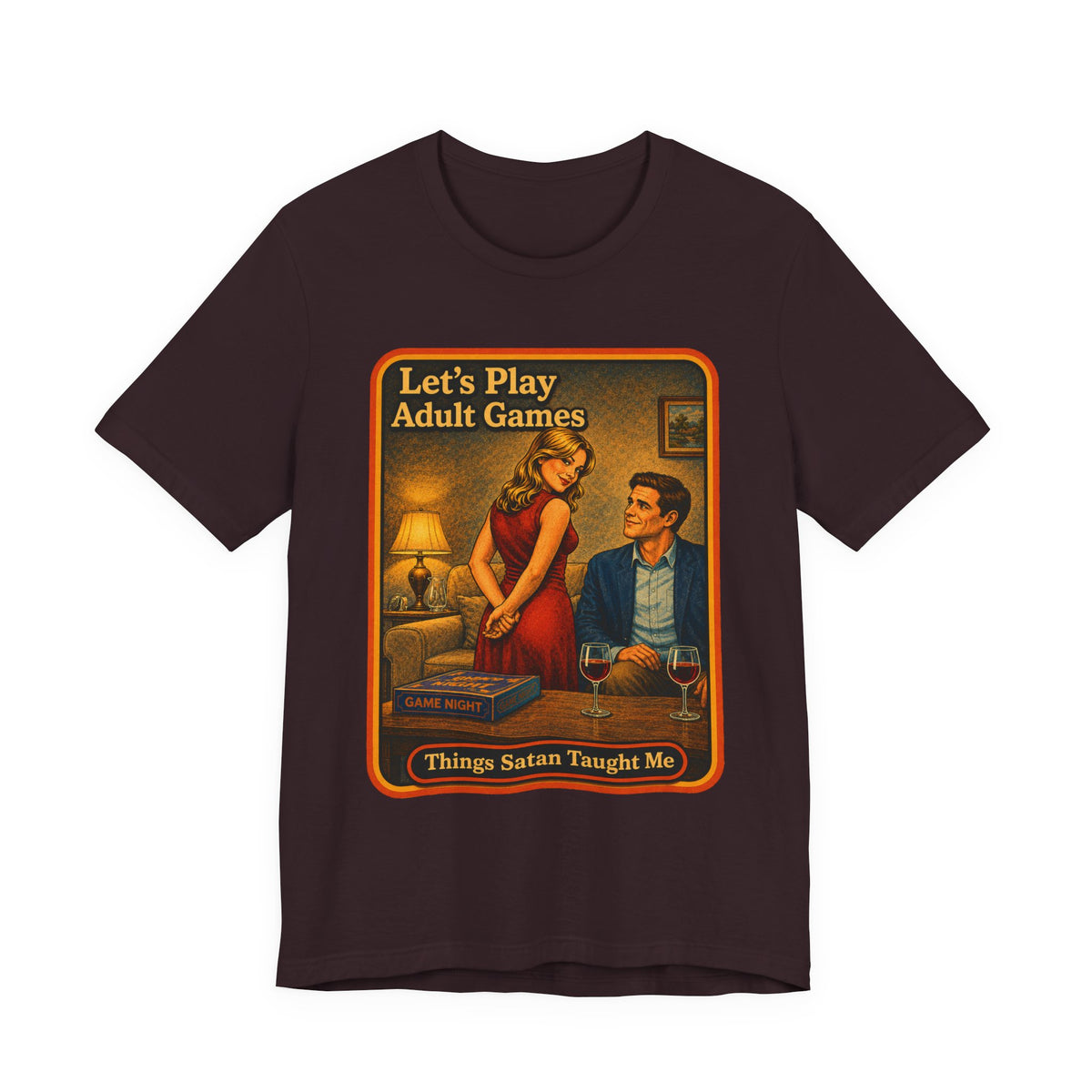 Let's Play Adult Games Unisex Tee in Oxblood Black, front