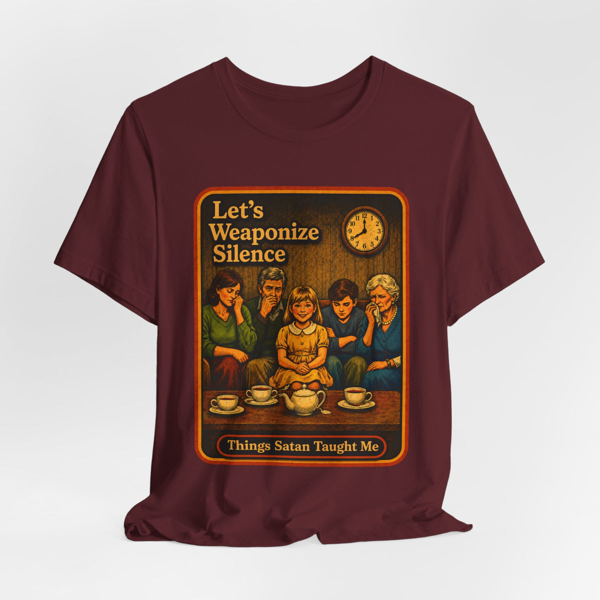 Let's Weaponize Silence Unisex Tee in Maroon, view 4