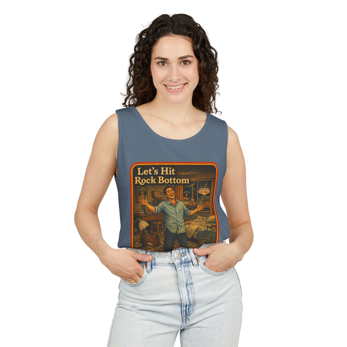 Let's Hit Rock Bottom Wife Beater in Blue Jean, view 3