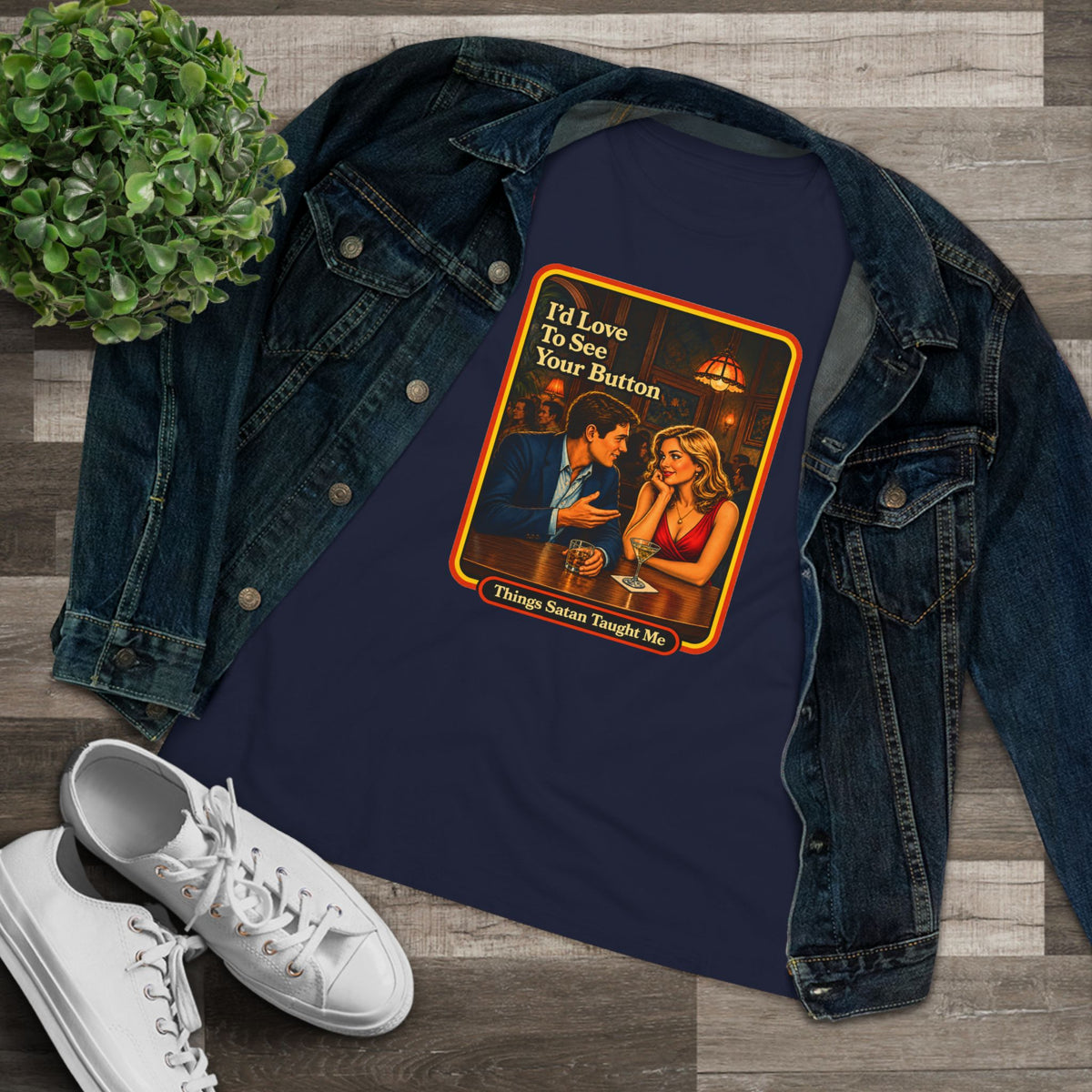 I'd Love To See Your Button Women's Tee in Navy, view 3