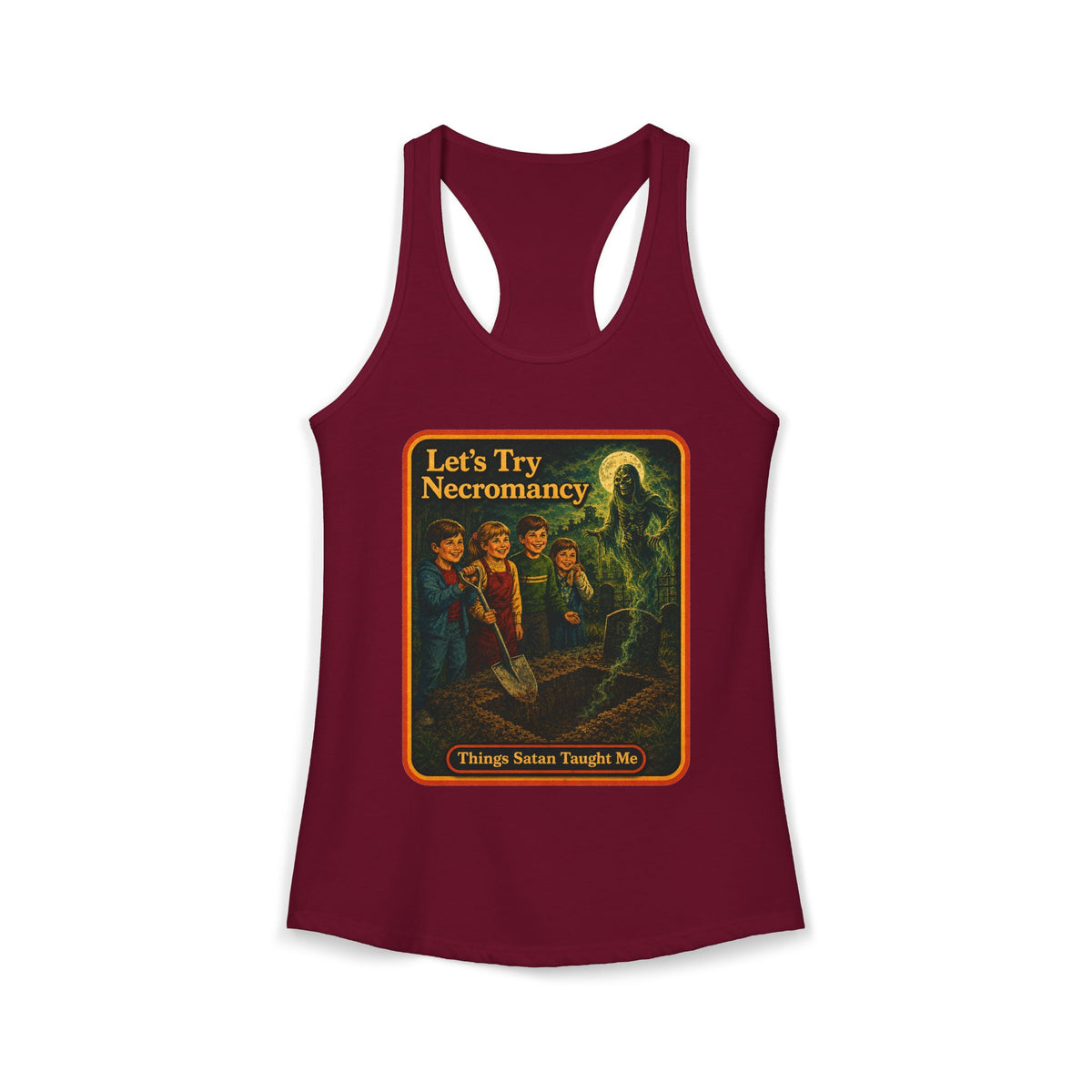 Let's Try Necromancy Racerback Tank in Cardinal Red, front