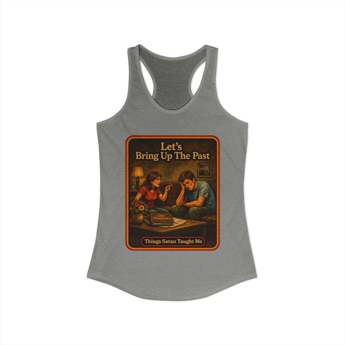 Let's Bring Up The Past Racerback Tank in Heather Grey, view 2