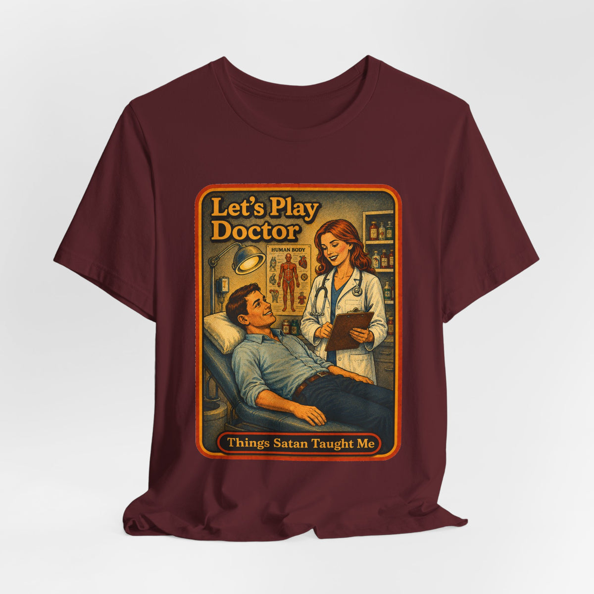 Let's Play Doctor Unisex Tee in Maroon, view 4