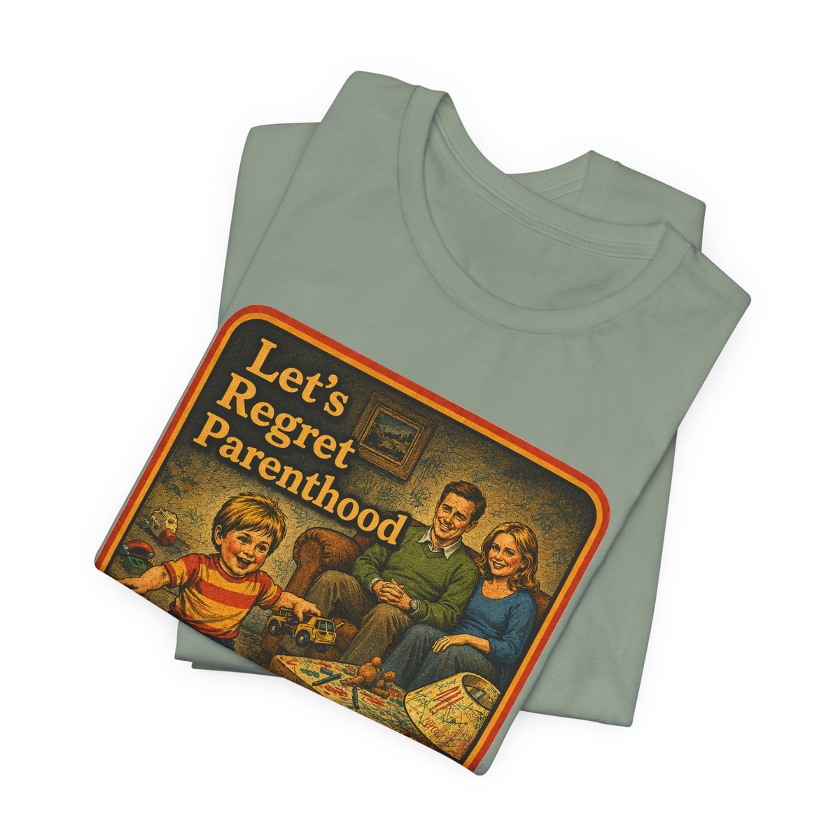 Let's Regret Parenthood Unisex Tee in Sage, view 3
