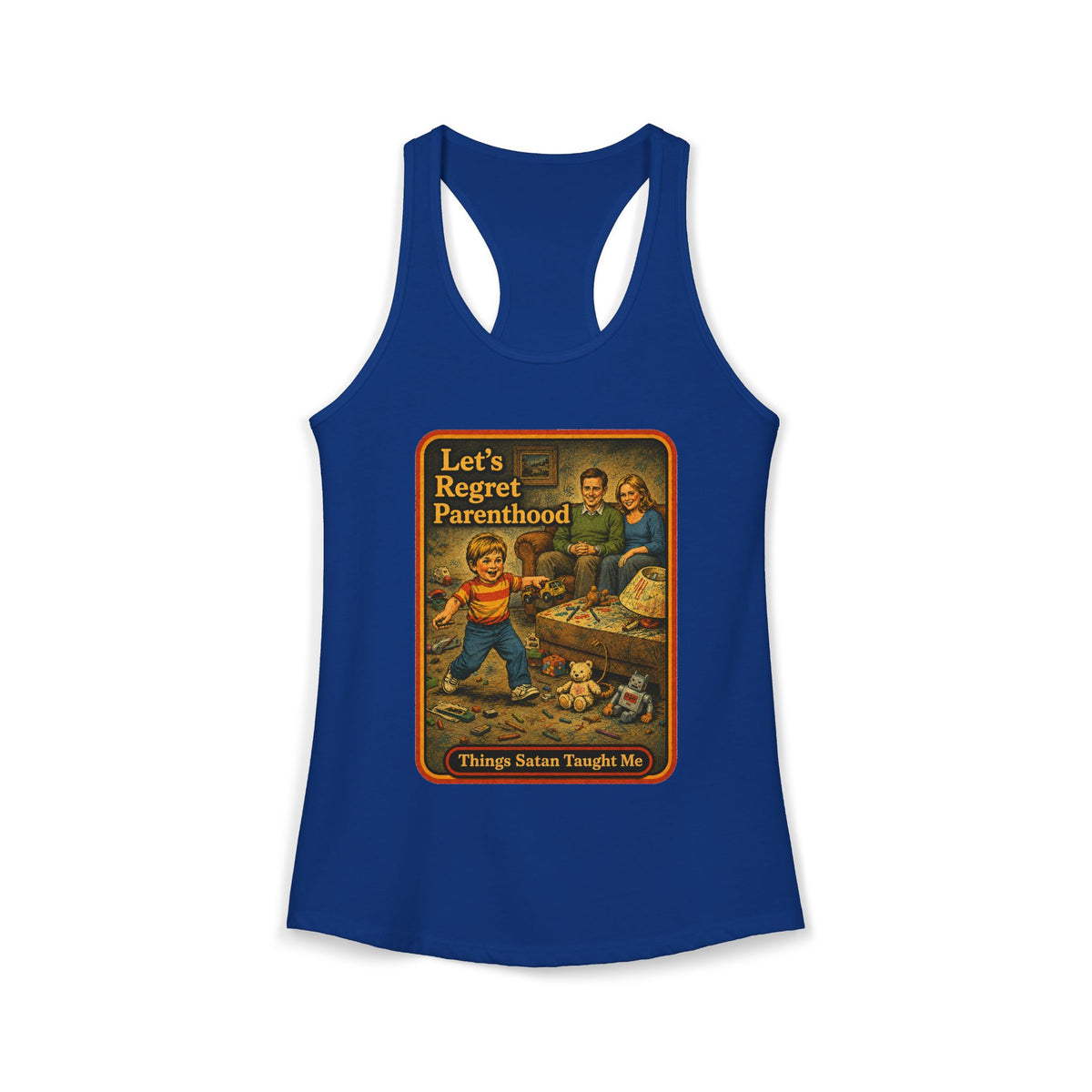 Let's Regret Parenthood Racerback Tank in Royal, front