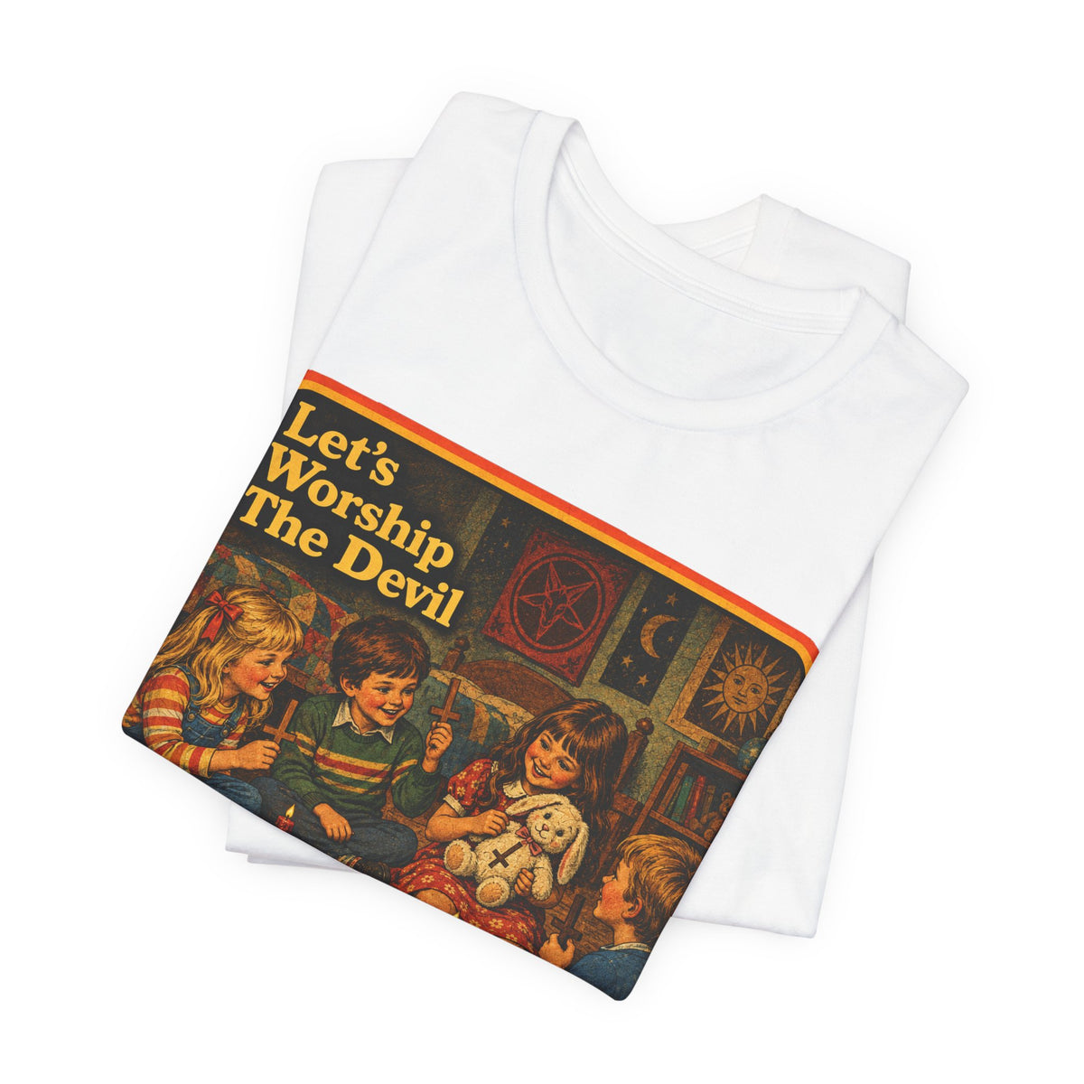 Let's Worship The Devil Unisex Tee in White, view 3