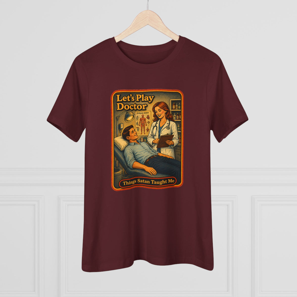 Let's Play Doctor Women's Tee in Maroon, view 4