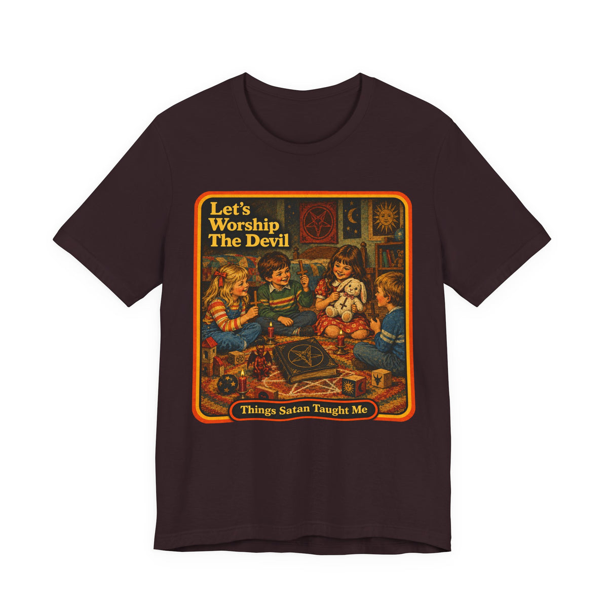 Let's Worship The Devil Unisex Tee in Oxblood Black, front