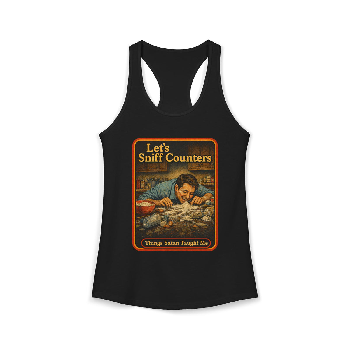 Let's Sniff Counters Racerback Tank in Black, front