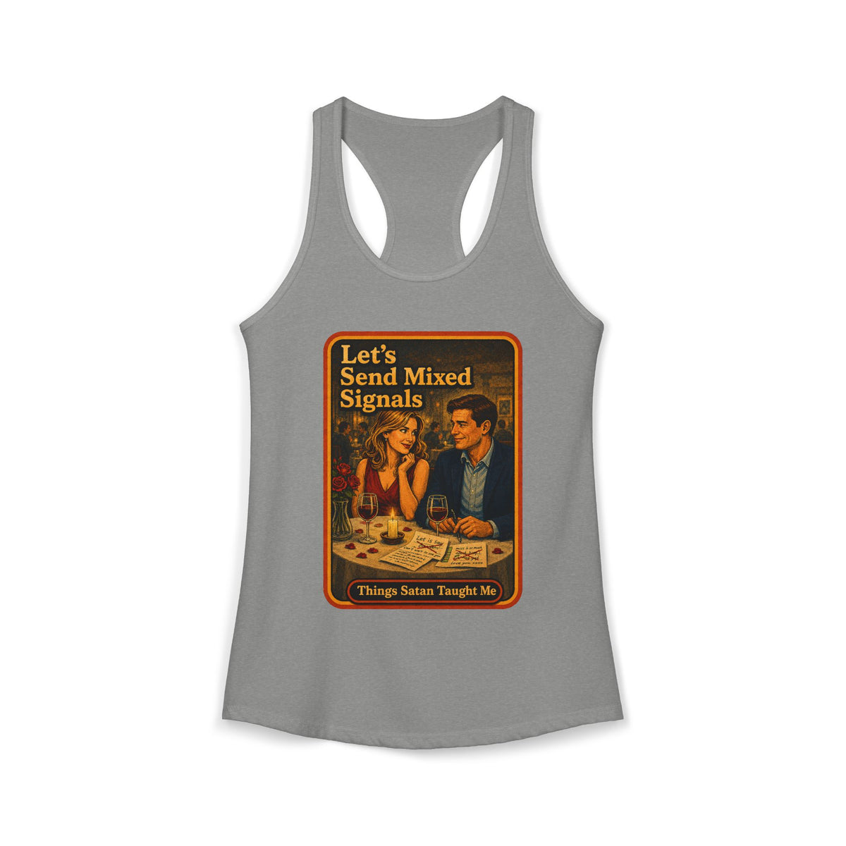 Let's Send Mixed Signals Racerback Tank in Heather Grey, front