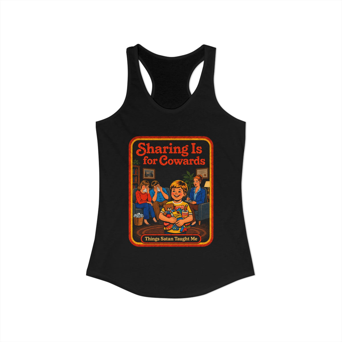 Sharing Is For Cowards Racerback Tank in Black, view 2