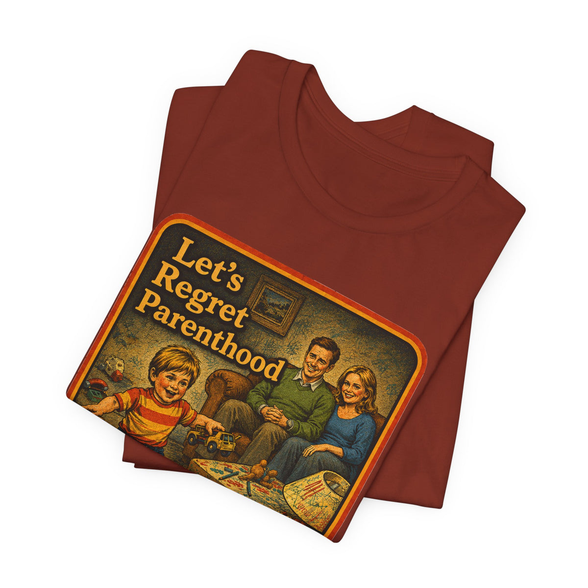 Let's Regret Parenthood Unisex Tee in Rust, view 3