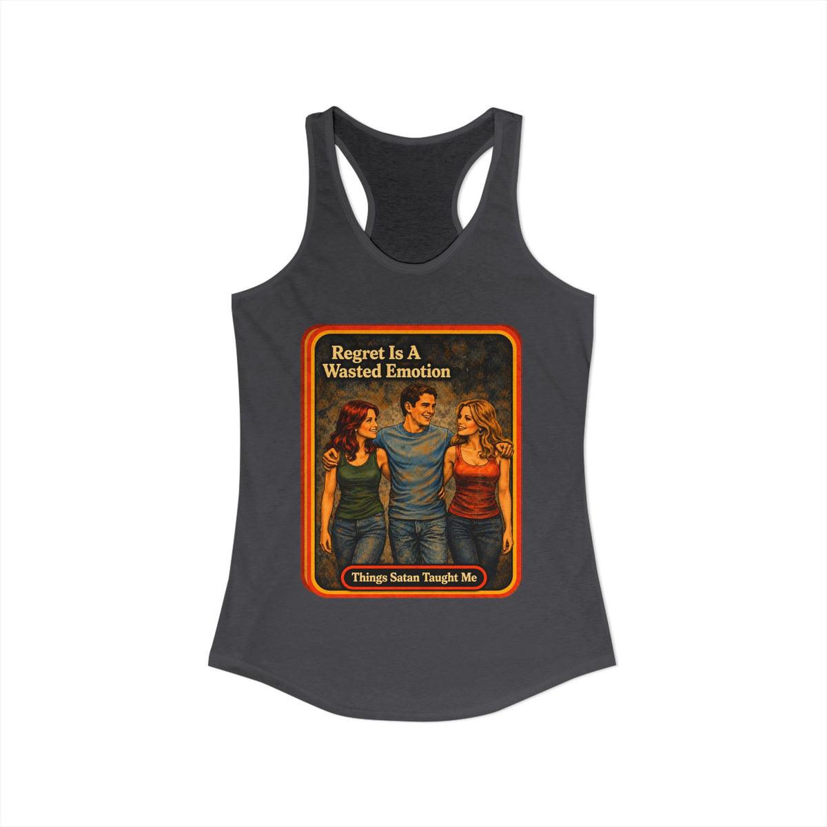 Regret Is A Wasted Emotion Racerback Tank in Dark Gray, view 2