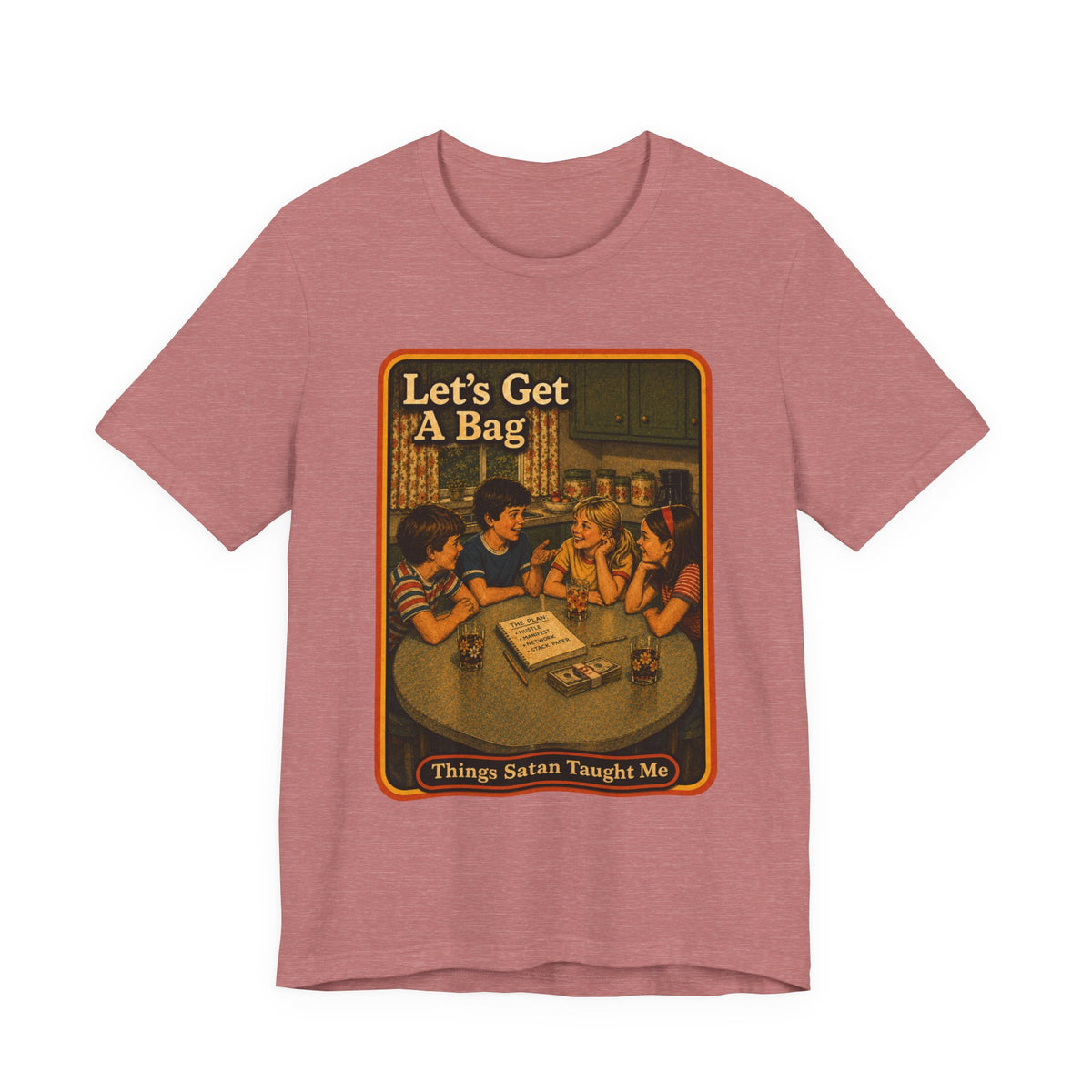 Let's Get Another Bag Unisex Tee in Heather Mauve, front