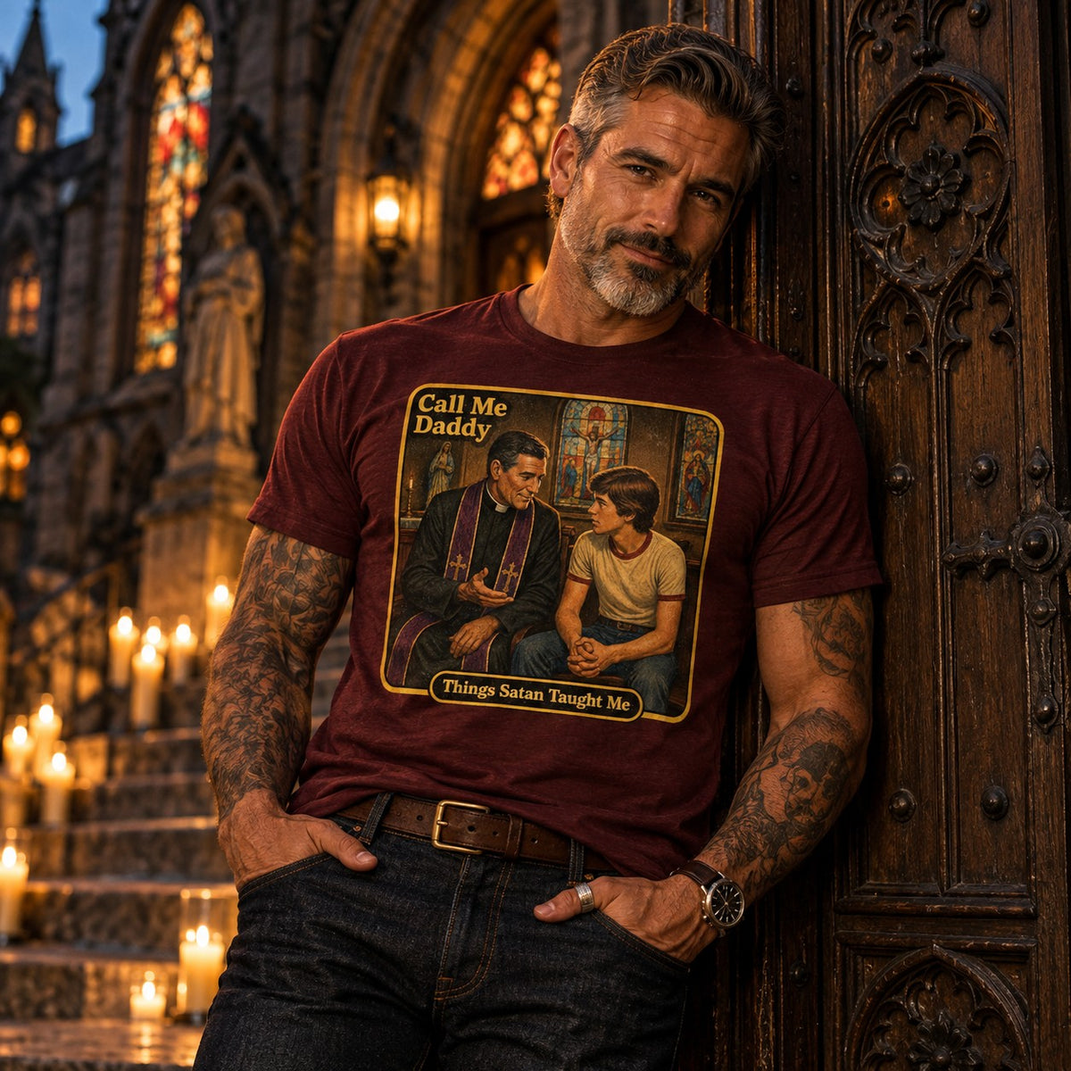 Model wearing the Call Me Daddy tee in maroon by Things Satan Taught Me