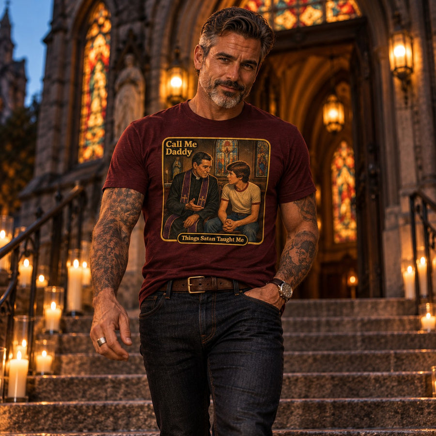 Model walking in the Call Me Daddy tee in maroon by Things Satan Taught Me