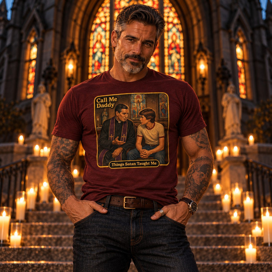 Model wearing the Call Me Daddy tee in maroon by Things Satan Taught Me