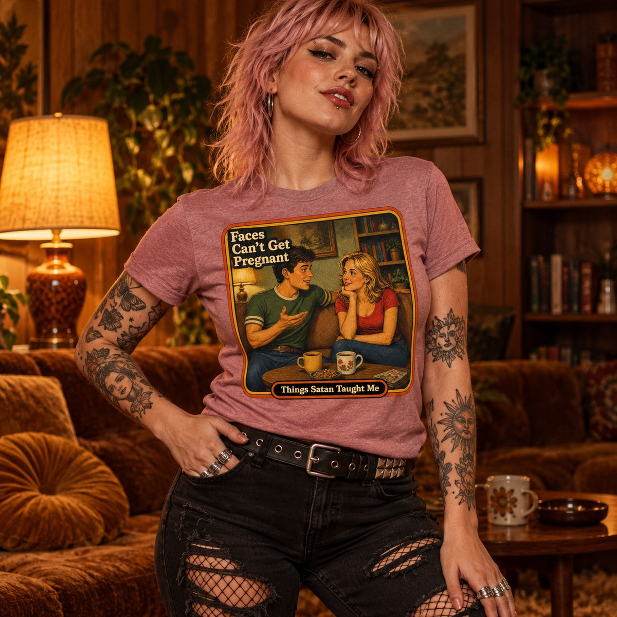 Model wearing the Faces Can't Get Pregnant tee in heather mauve by Things Satan Taught Me