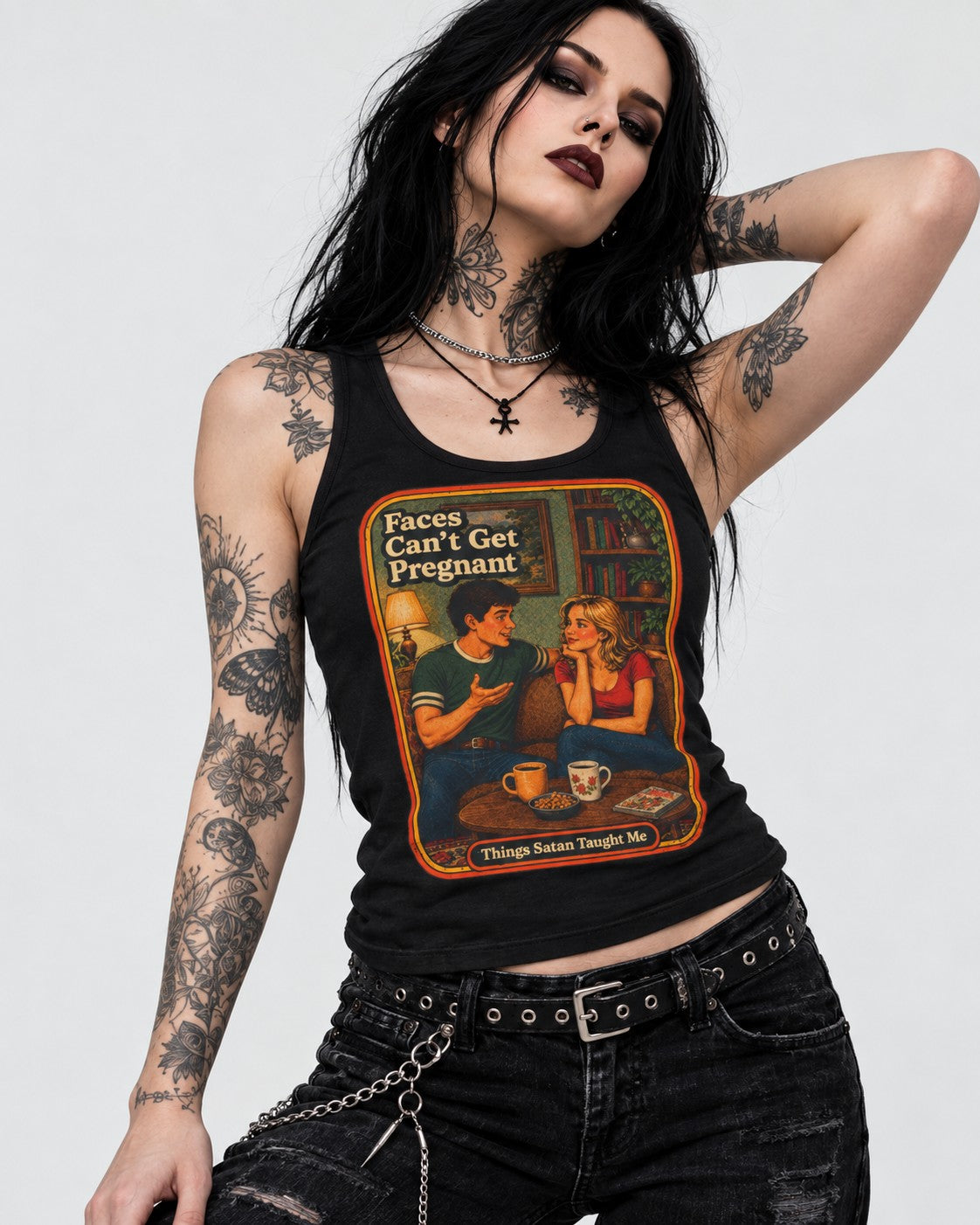 Model wearing the Faces Can't Get Pregnant tank in black by Things Satan Taught Me