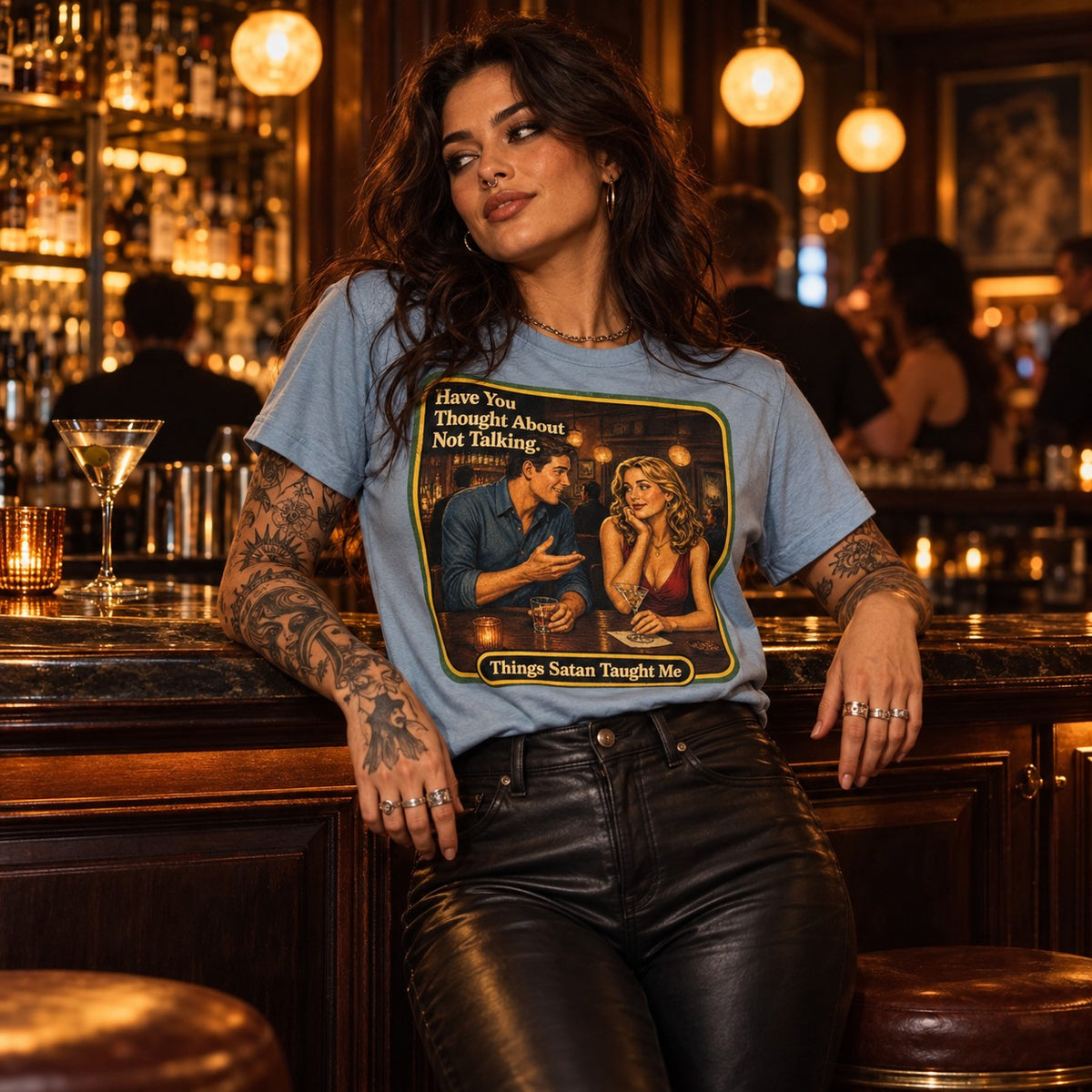 Model wearing the Have You Thought About Not Talking tee in dusty blue by Things Satan Taught Me