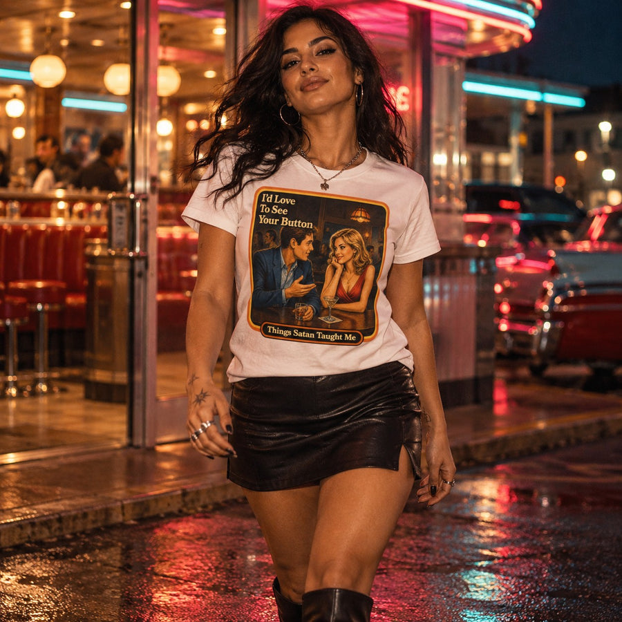 Model walking in the I'd Love To See Your Button tee in white by Things Satan Taught Me