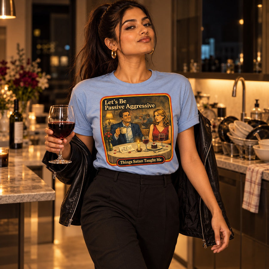 Model walking in the Let's Be Passive Aggressive tee in dusty blue by Things Satan Taught Me