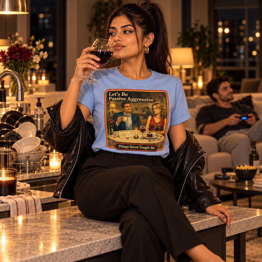 Model sitting in the Let's Be Passive Aggressive tee in dusty blue by Things Satan Taught Me