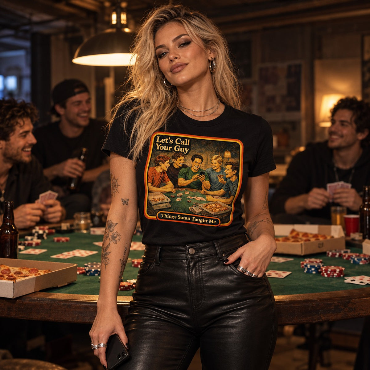 Model wearing the Let's Call Your Guy women's tee in black by Things Satan Taught Me