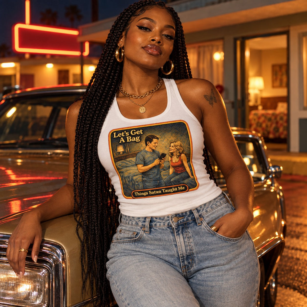 Model wearing the Let's Get A Bag racerback tank in white by Things Satan Taught Me