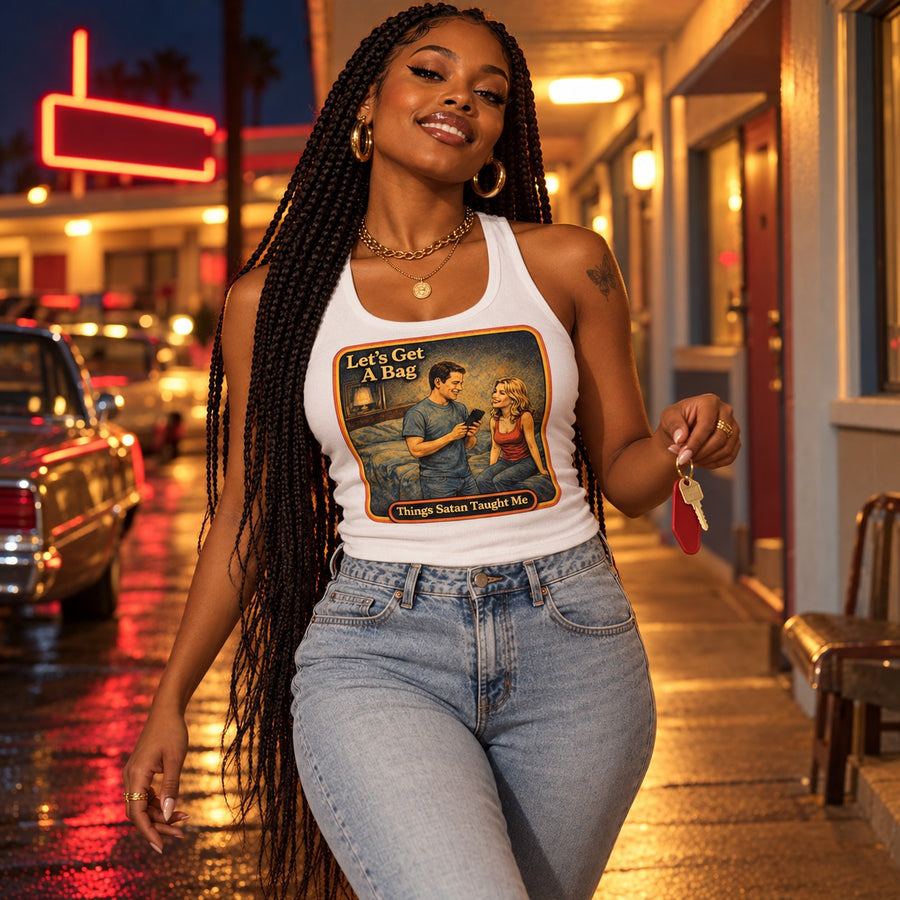 Model walking in the Let's Get A Bag racerback tank in white by Things Satan Taught Me
