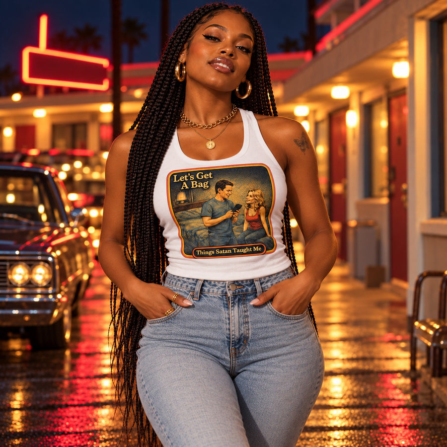 Model wearing the Let's Get A Bag racerback tank in white by Things Satan Taught Me