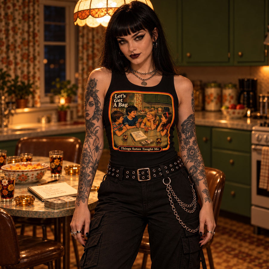 Model wearing the Let's Get Another Bag tank in black by Things Satan Taught Me