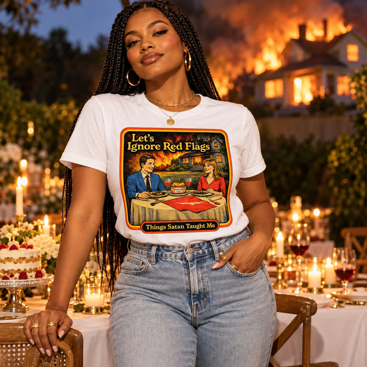 Model wearing the Let's Ignore Red Flags tee in white by Things Satan Taught Me