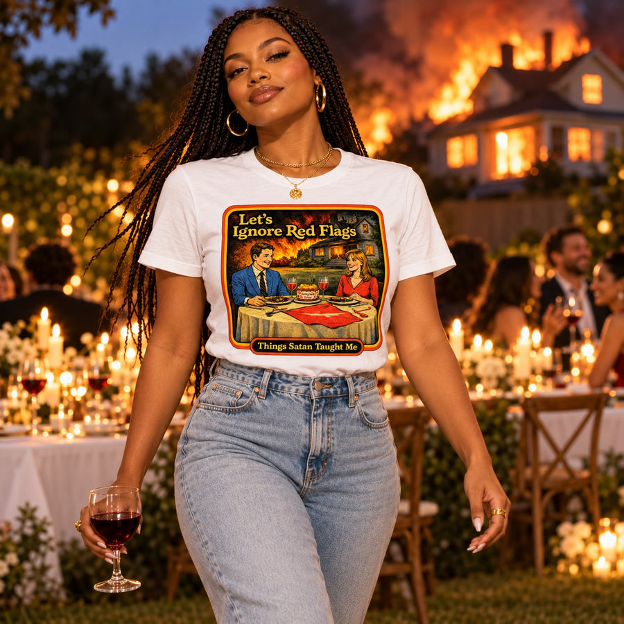 Model walking in the Let's Ignore Red Flags tee in white by Things Satan Taught Me