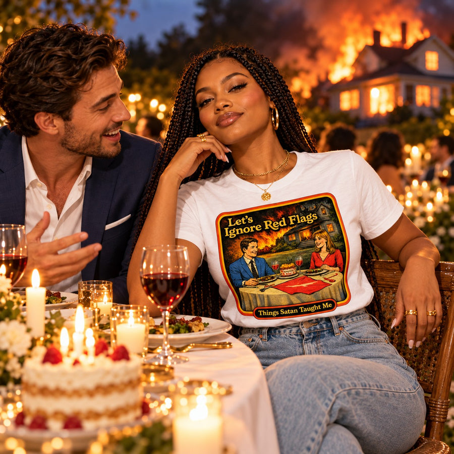 Model with friends wearing the Let's Ignore Red Flags tee in white by Things Satan Taught Me