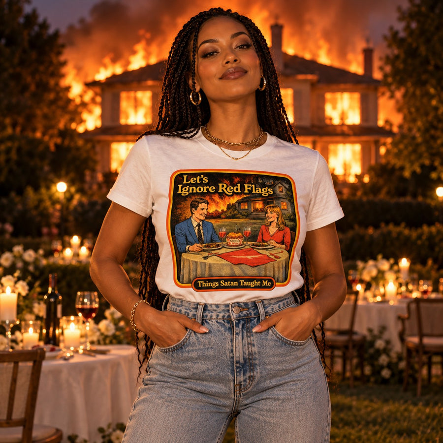 Model wearing the Let's Ignore Red Flags tee in white by Things Satan Taught Me