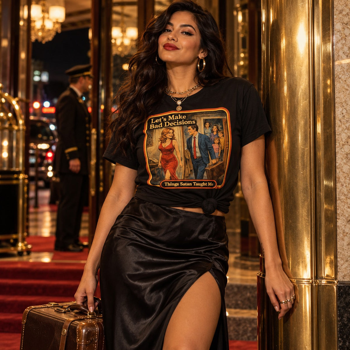 Model wearing the Let's Make Bad Decisions tee in black by Things Satan Taught Me