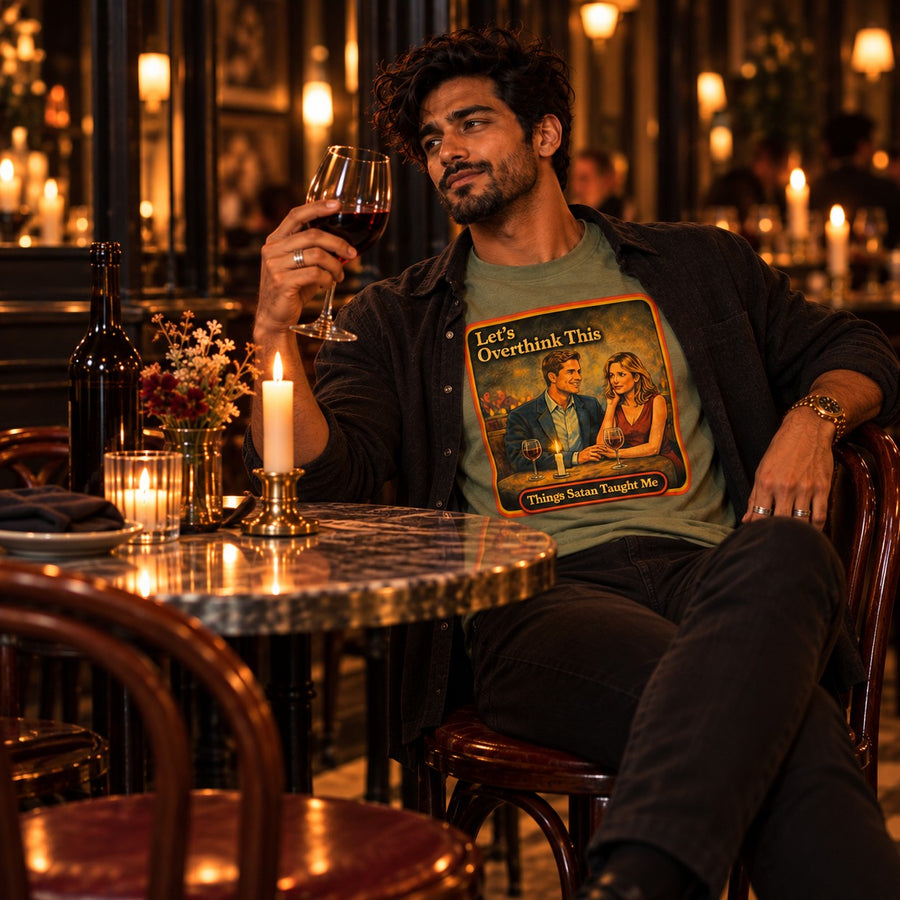 Model sitting in the Let's Overthink This tee in sage by Things Satan Taught Me