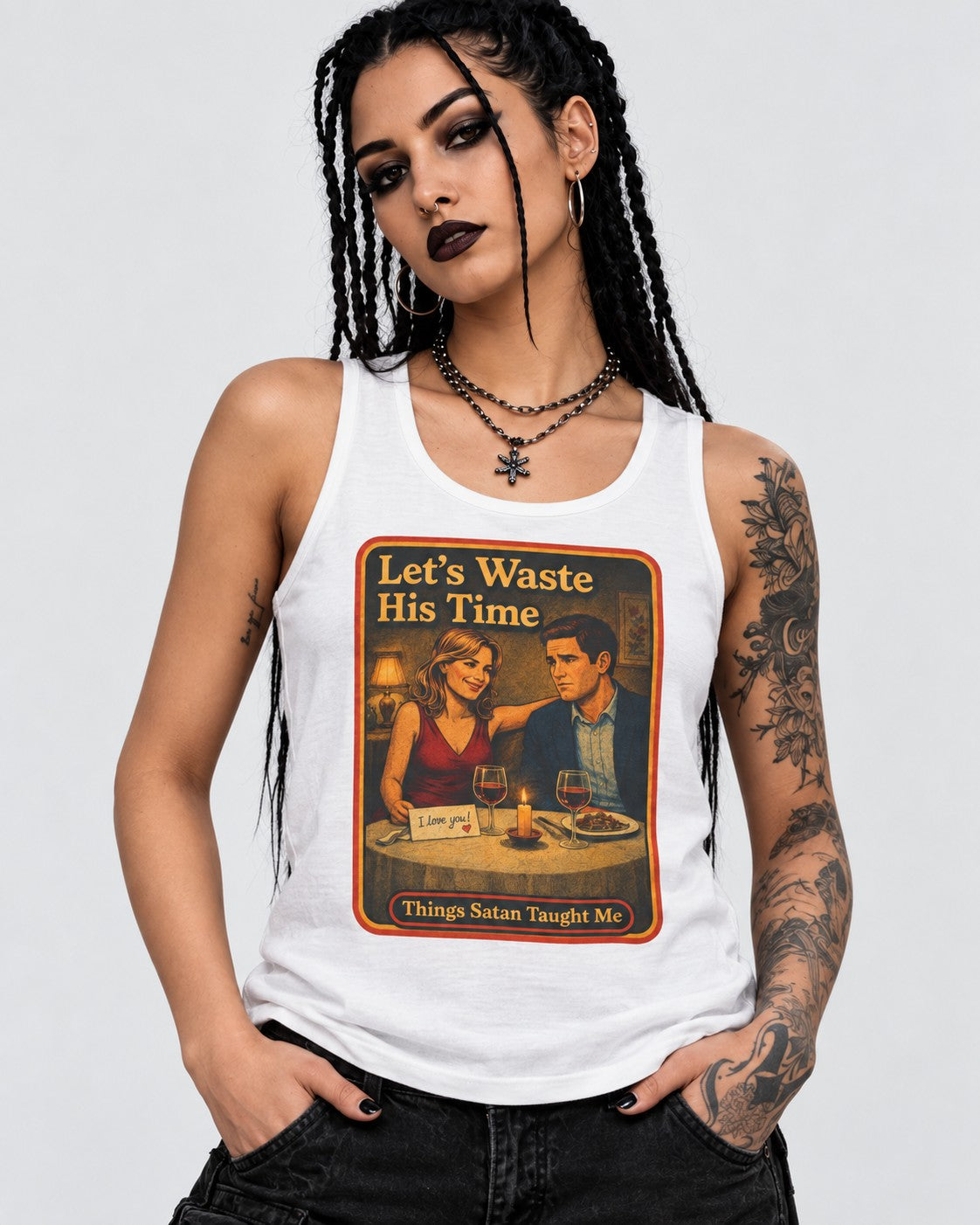 Model wearing the Let's Waste His Time racerback tank in white by Things Satan Taught Me