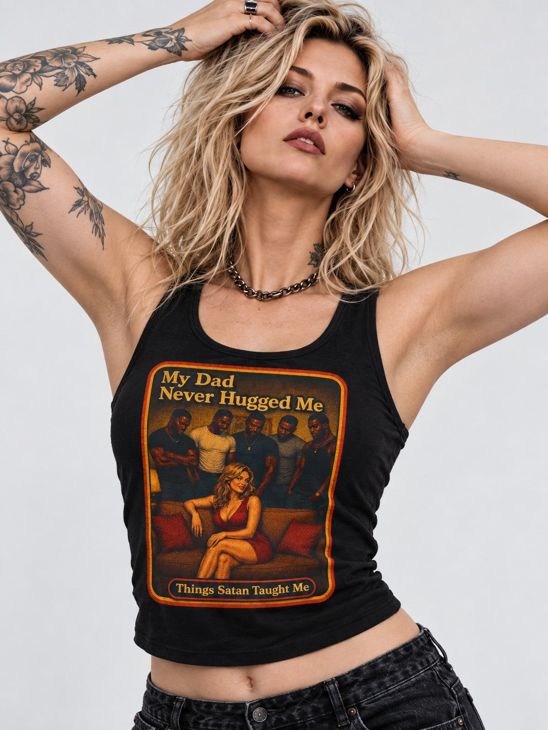 Model wearing the My Dad Never Hugged Me racerback tank in black by Things Satan Taught Me