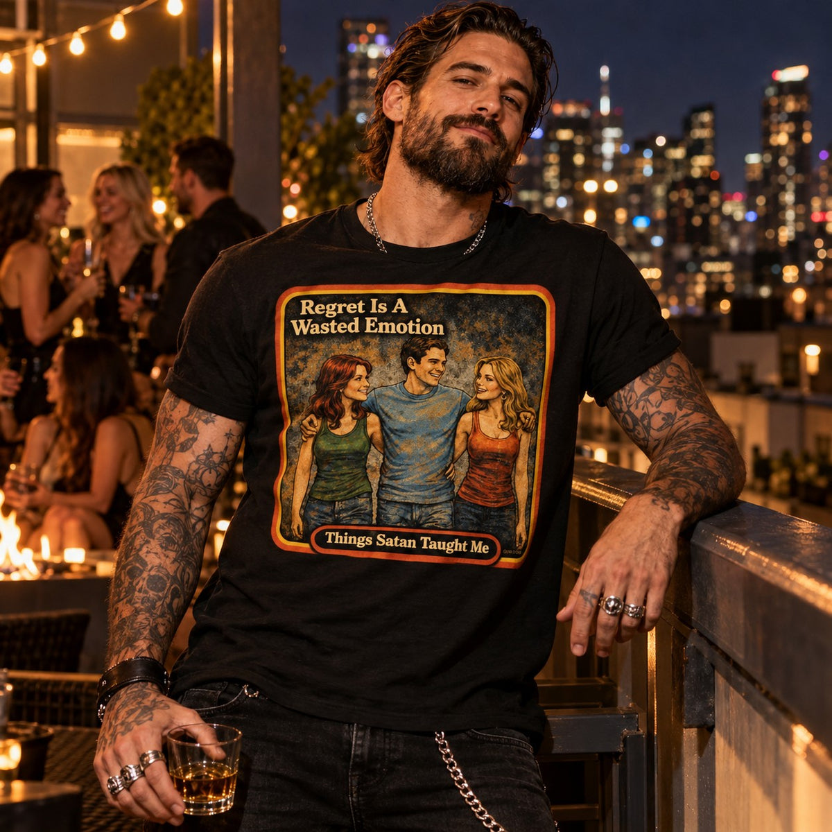 Model wearing the Regret Is A Wasted Emotion tee in black by Things Satan Taught Me