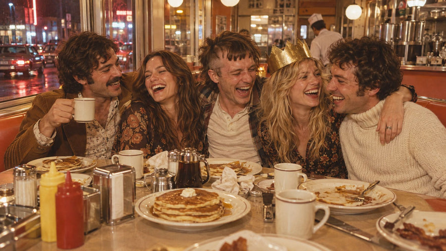 Friends laughing in a 1970s diner booth at 4 a.m., one with a very uneven haircut