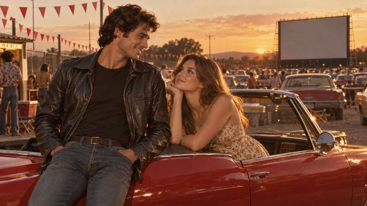 Handsome man leaning on a red convertible at a 1970s drive-in, red bunting flags strung behind him