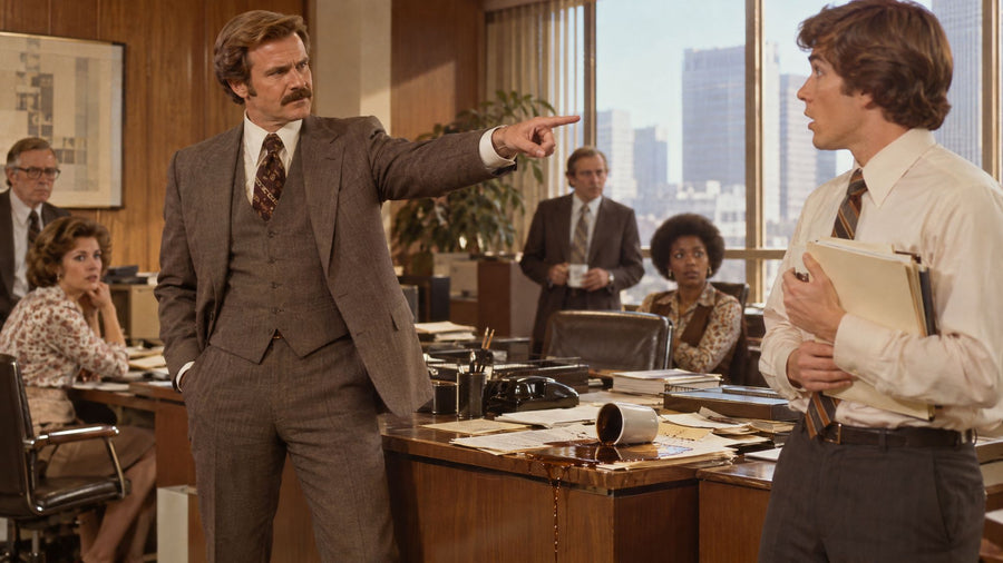 1970s executive confidently pointing at a startled intern while his own spilled coffee soaks the papers behind him.