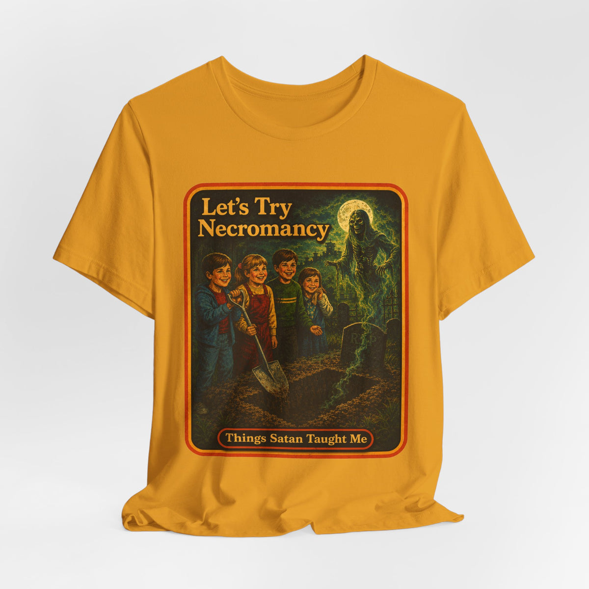 Let's Try Necromancy Unisex Tee in Mustard, view 4